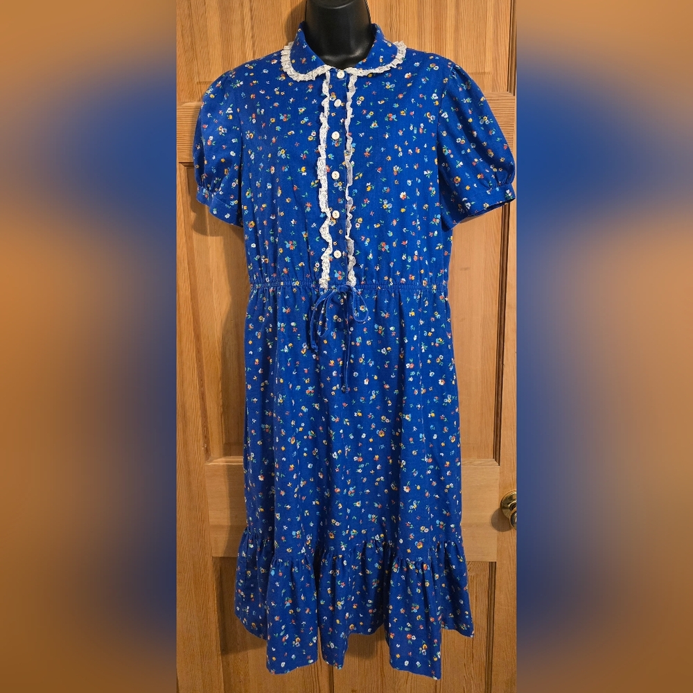 Blue Floral Lace-Trim Midi Dress